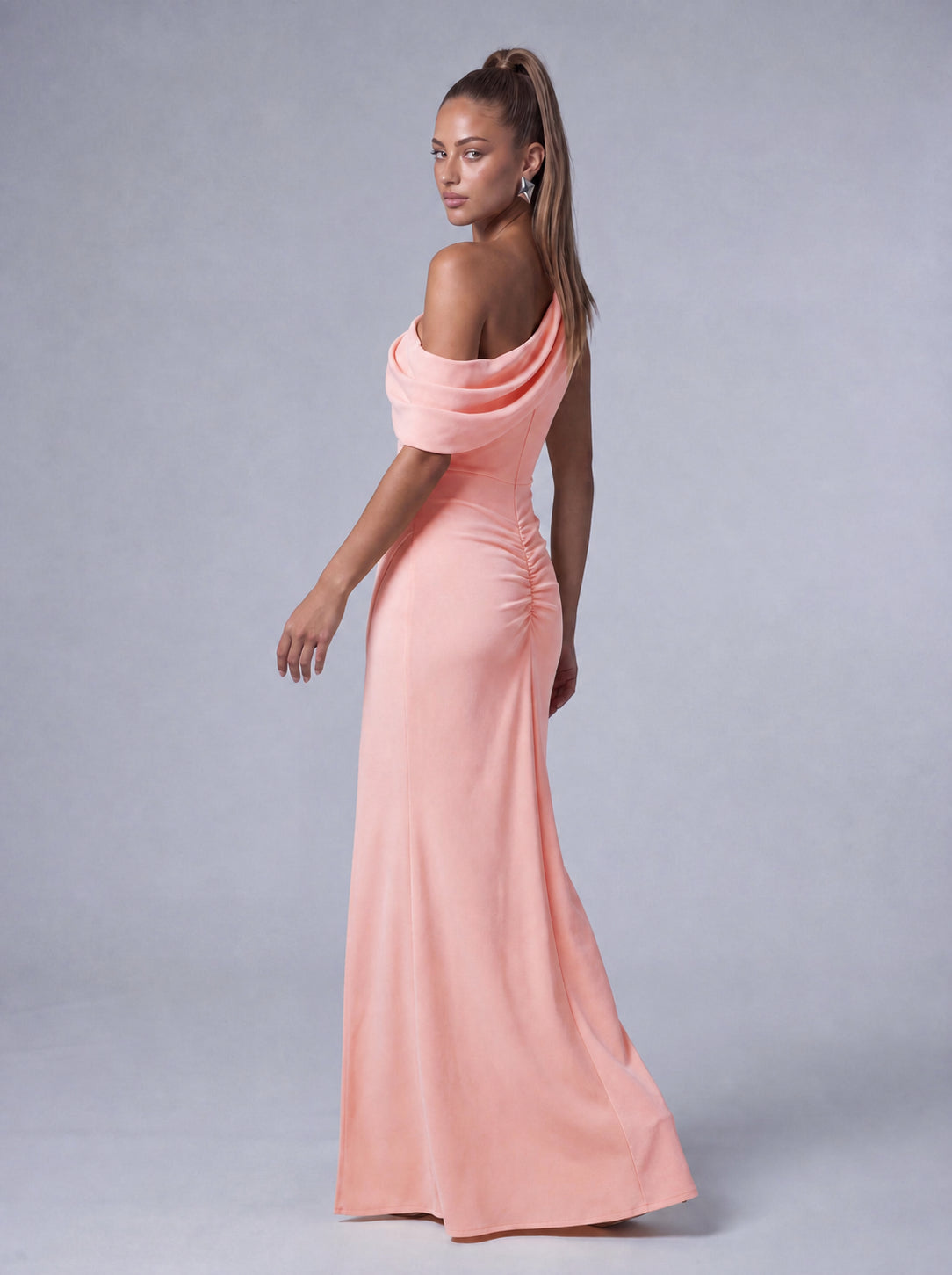 One-Shoulder Draped Ruched Slit Mermaid Maxi Dress – Prom & Evening Gown - Light Pink - View 8