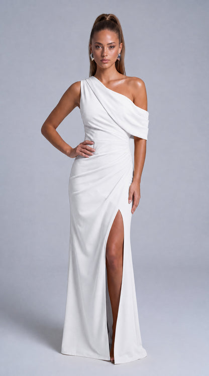 One-Shoulder Draped Ruched Slit Mermaid Maxi Dress – Prom & Evening Gown - White - View 1