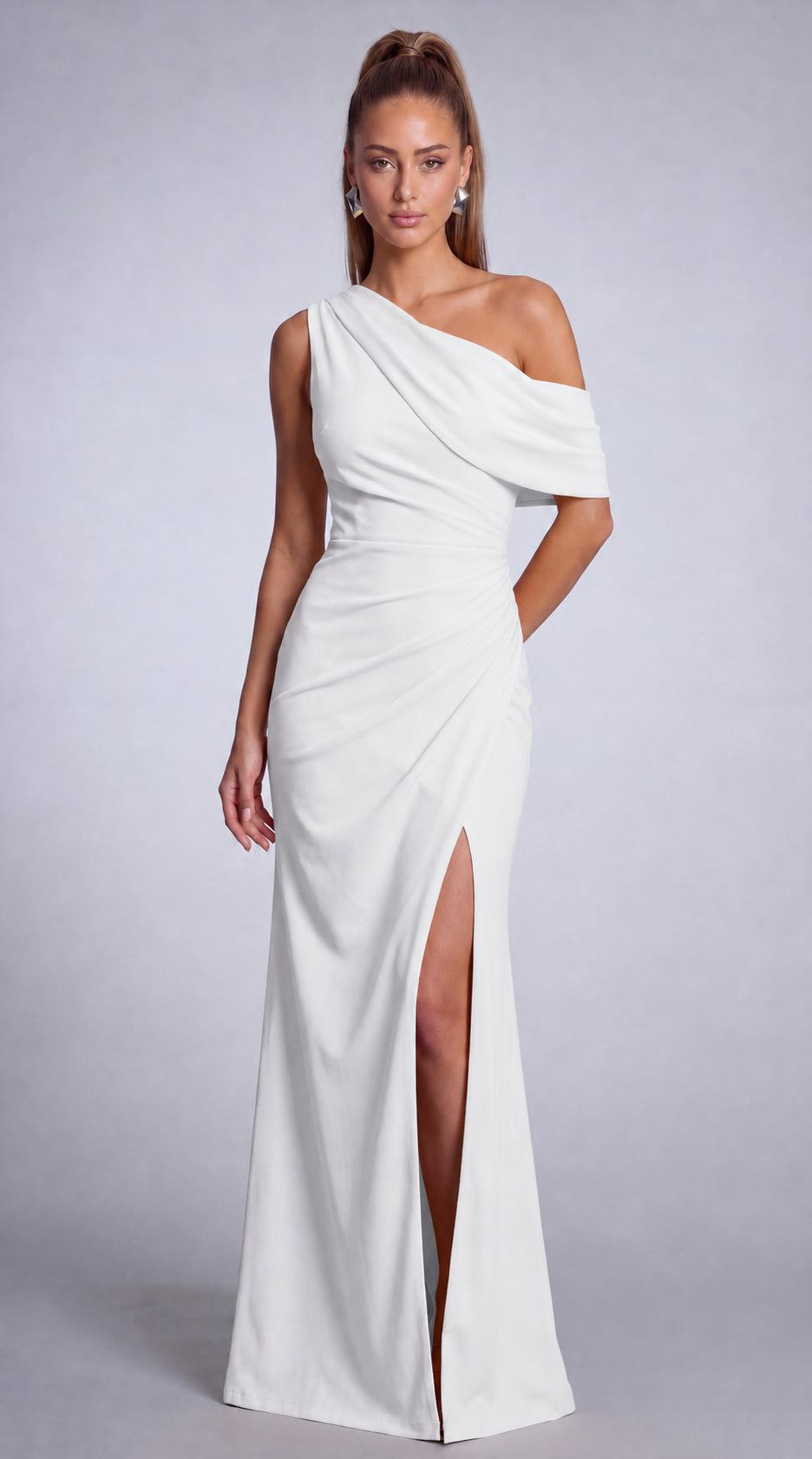 One-Shoulder Draped Ruched Slit Mermaid Maxi Dress – Prom & Evening Gown - White - View 3