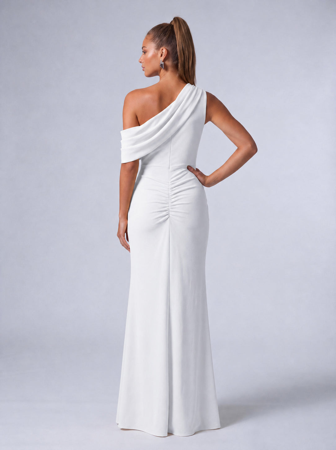 One-Shoulder Draped Ruched Slit Mermaid Maxi Dress – Prom & Evening Gown - White - View 7