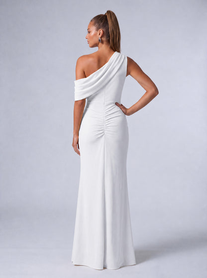 One-Shoulder Draped Ruched Slit Mermaid Maxi Dress – Prom & Evening Gown - White - View 7