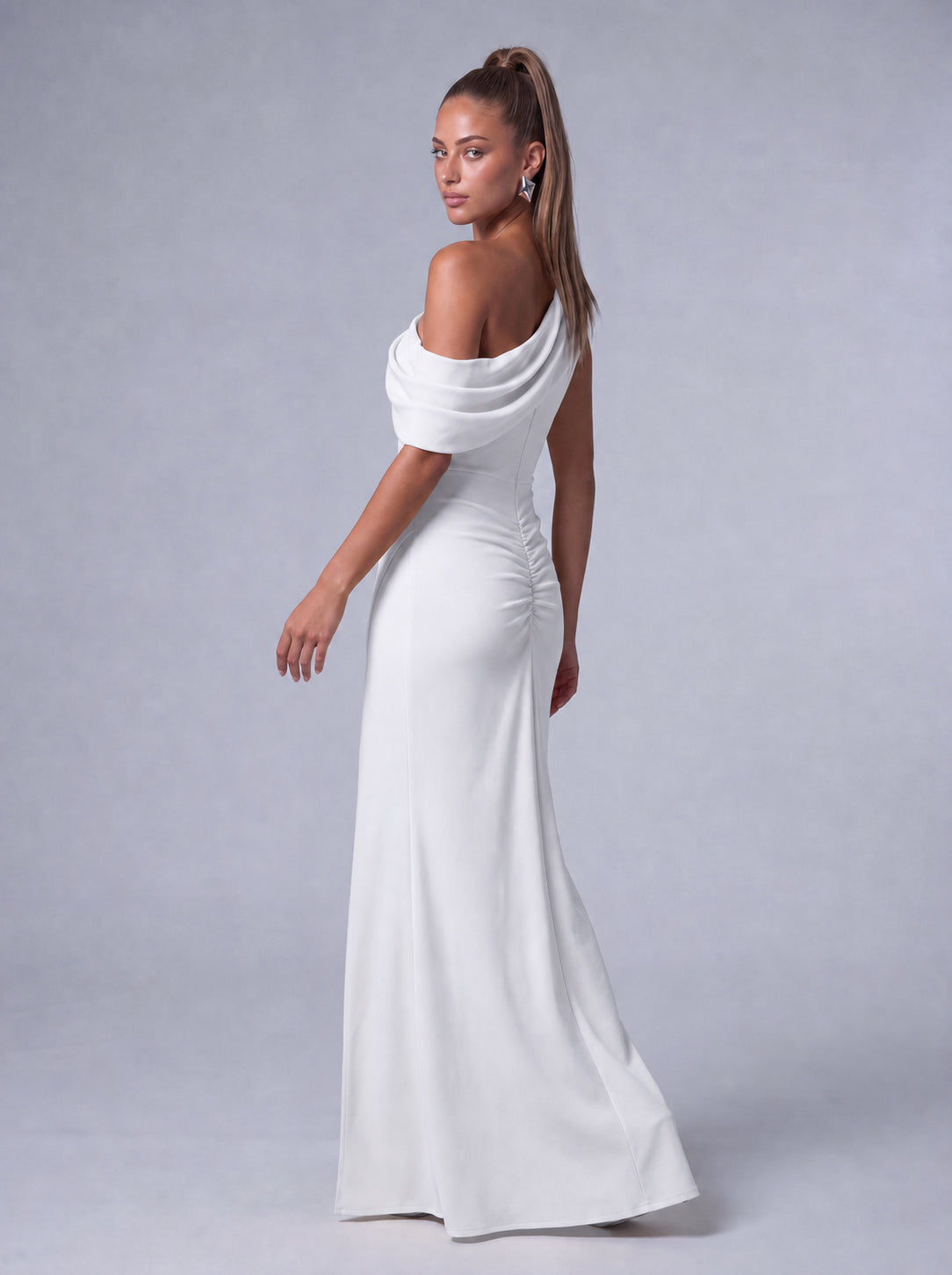 One-Shoulder Draped Ruched Slit Mermaid Maxi Dress – Prom & Evening Gown - White - View 8