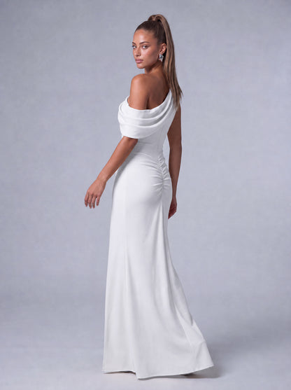 One-Shoulder Draped Ruched Slit Mermaid Maxi Dress – Prom & Evening Gown - White - View 8
