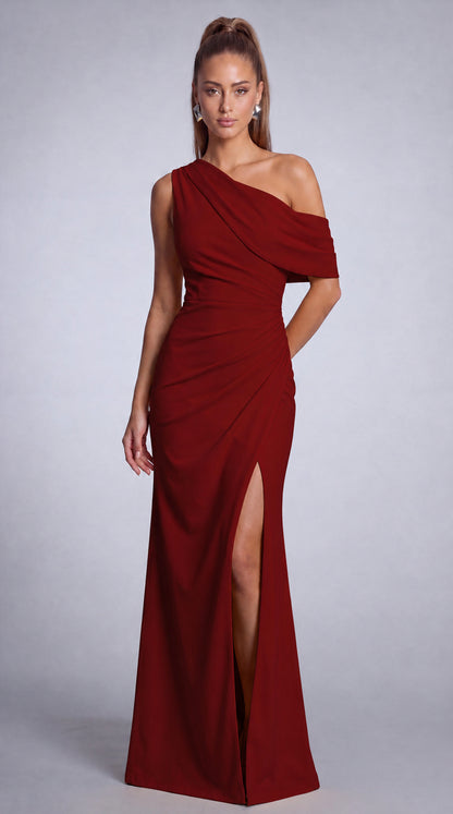 One-Shoulder Draped Ruched Slit Mermaid Maxi Dress – Prom & Evening Gown - Wine Red - View 3