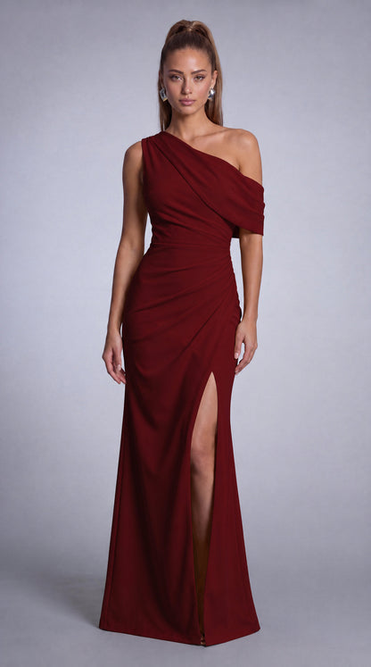 One-Shoulder Draped Ruched Slit Mermaid Maxi Dress – Prom & Evening Gown - Wine Red - View 4