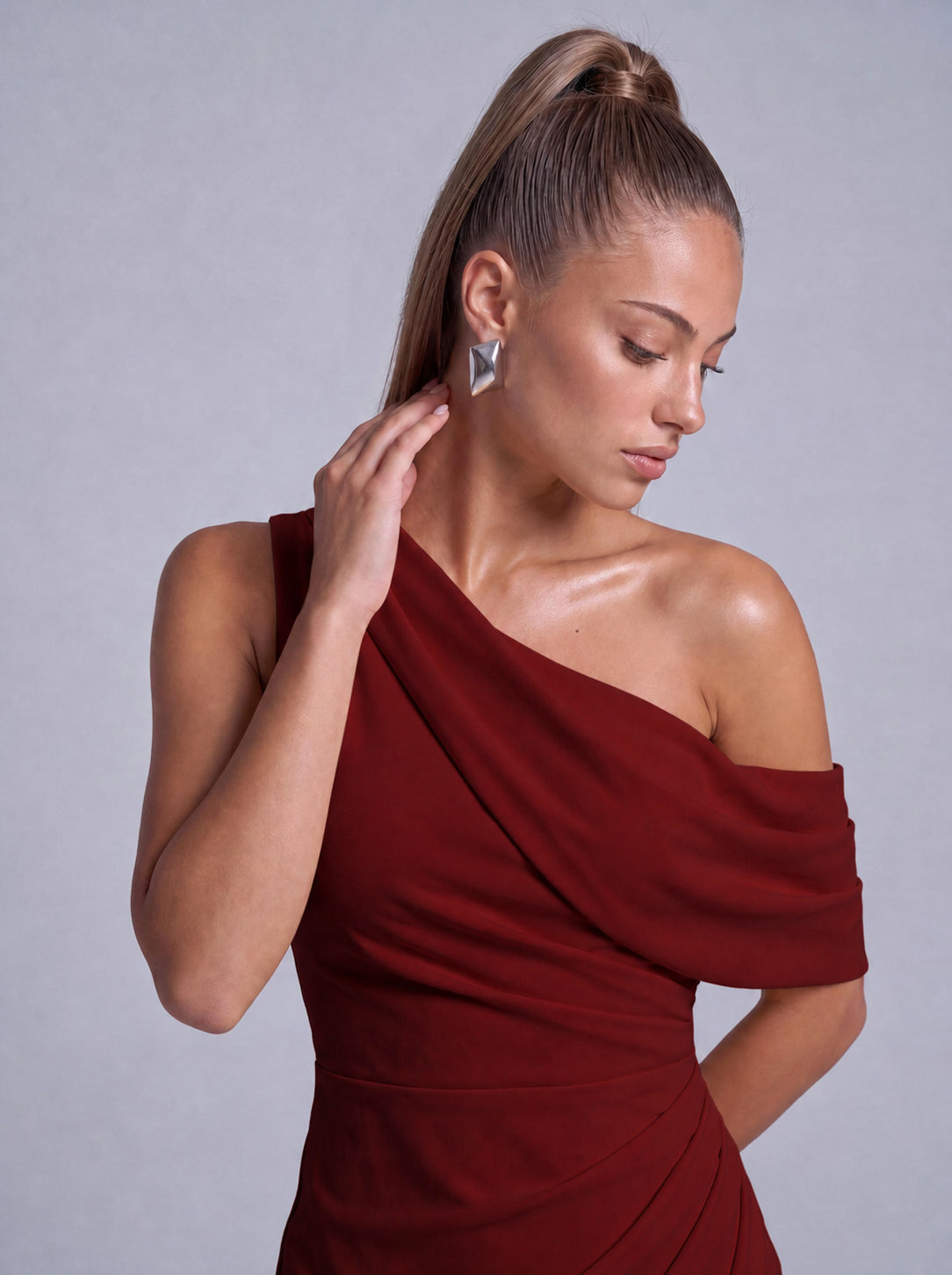 One-Shoulder Draped Ruched Slit Mermaid Maxi Dress – Prom & Evening Gown - Wine Red - View 5