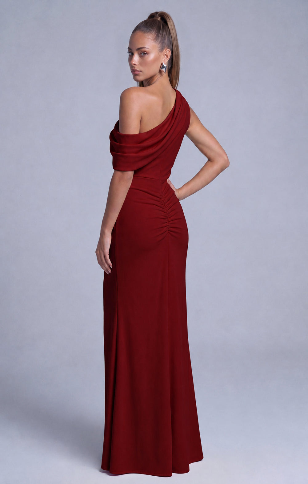 One-Shoulder Draped Ruched Slit Mermaid Maxi Dress – Prom & Evening Gown - Wine Red - View 6