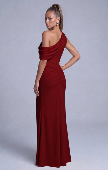 One-Shoulder Draped Ruched Slit Mermaid Maxi Dress – Prom & Evening Gown - Wine Red - View 6