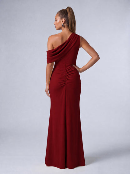 One-Shoulder Draped Ruched Slit Mermaid Maxi Dress – Prom & Evening Gown - Wine Red - View 7