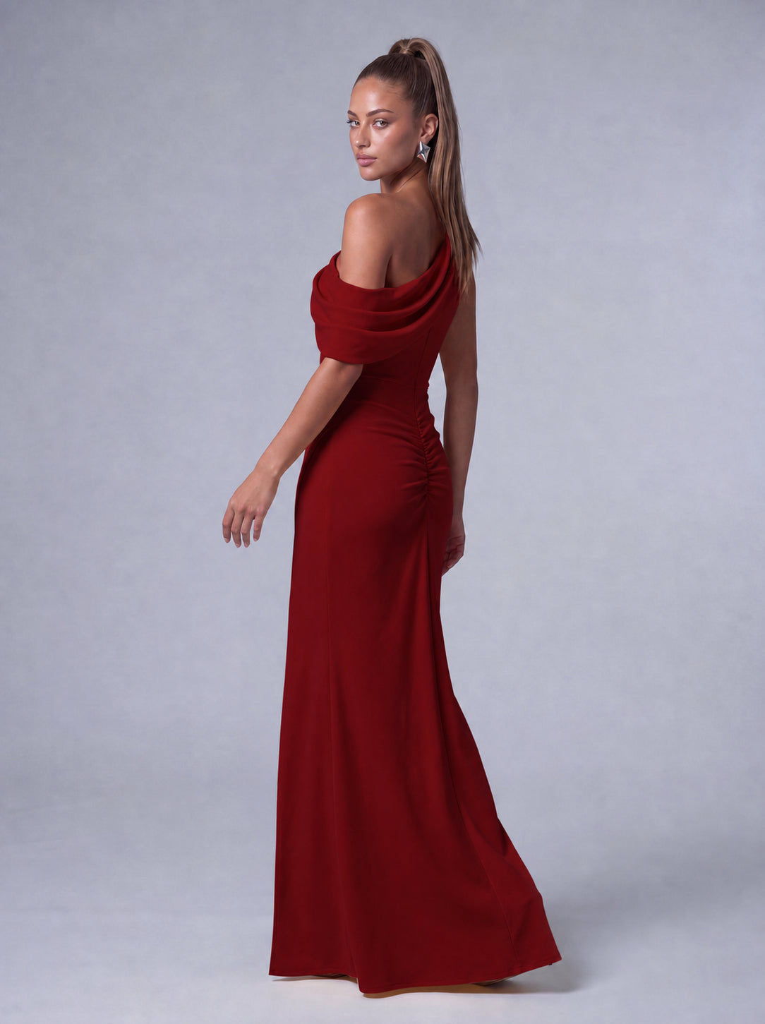 One-Shoulder Draped Ruched Slit Mermaid Maxi Dress – Prom & Evening Gown - Wine Red - View 8