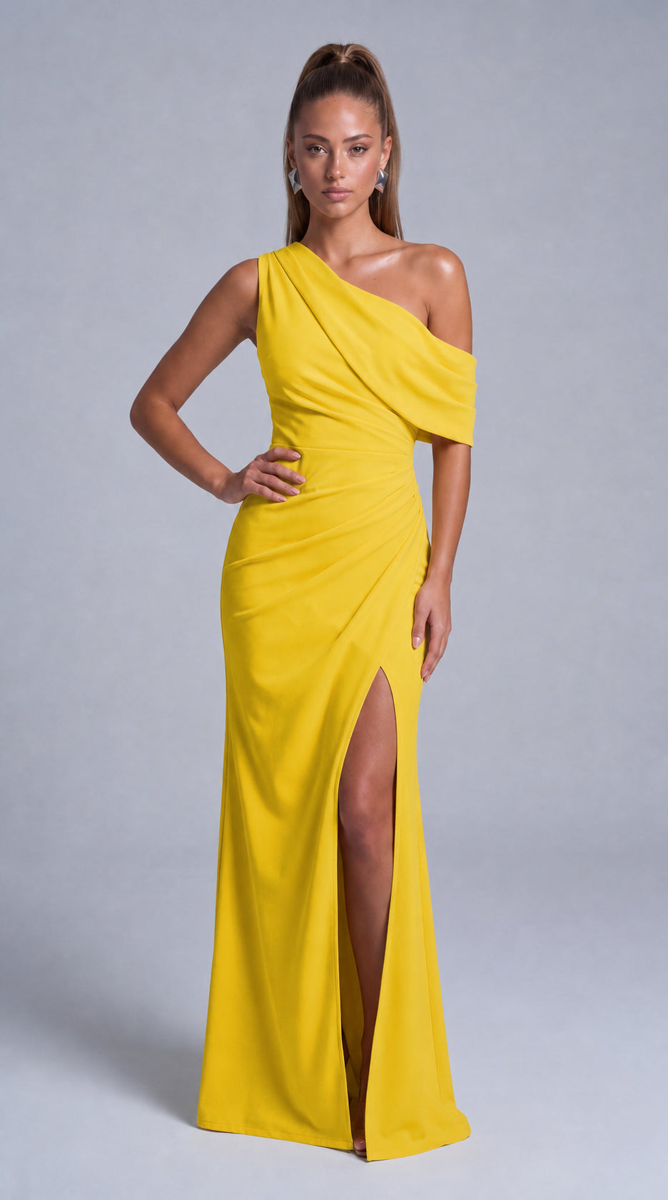 One-Shoulder Draped Ruched Slit Mermaid Maxi Dress – Prom & Evening Gown - Yellow - View 1