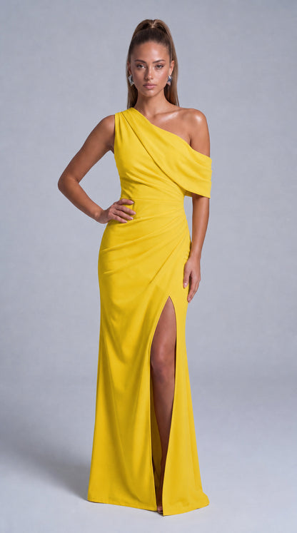 One-Shoulder Draped Ruched Slit Mermaid Maxi Dress – Prom & Evening Gown - Yellow - View 1