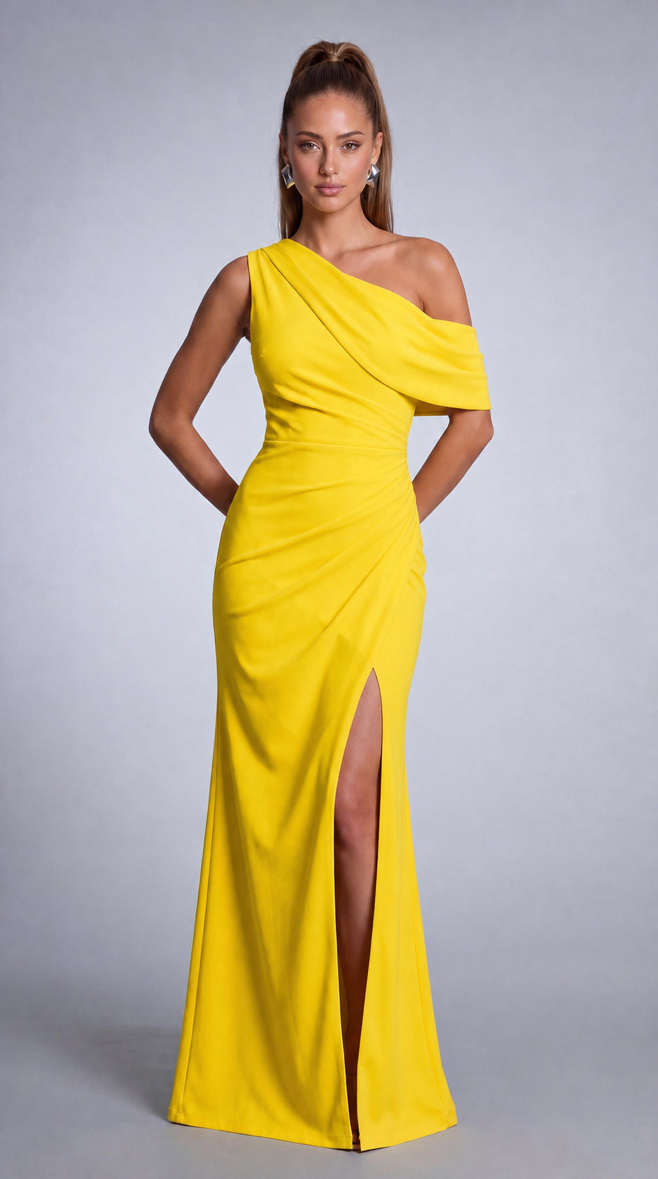One-Shoulder Draped Ruched Slit Mermaid Maxi Dress – Prom & Evening Gown - Yellow - View 2