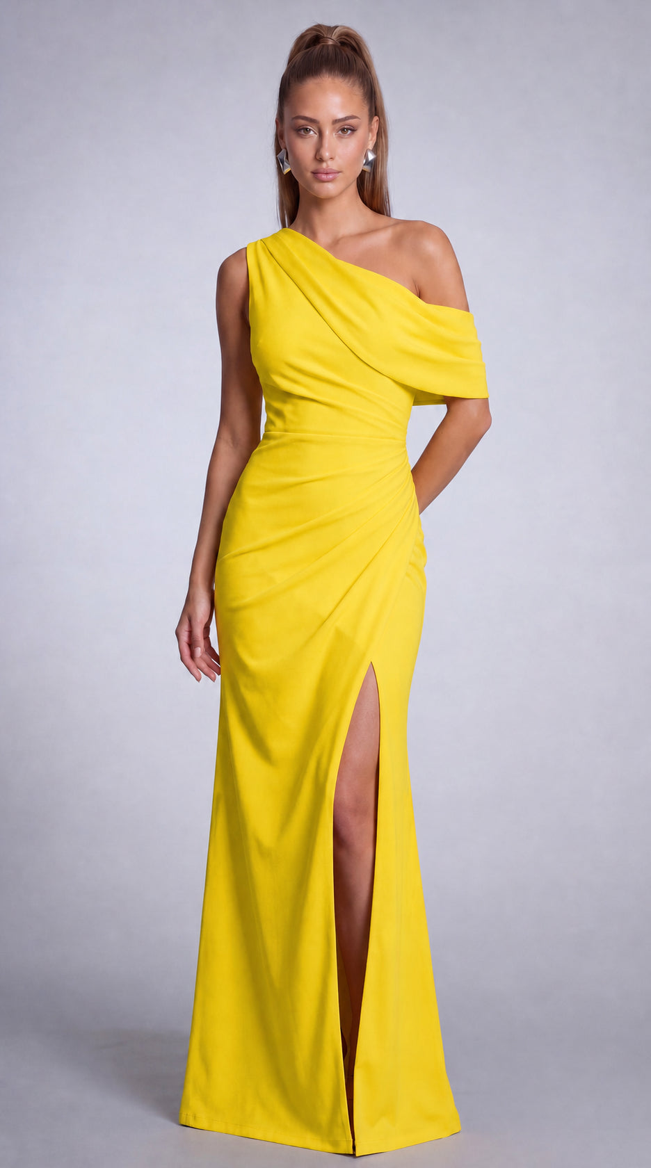 One-Shoulder Draped Ruched Slit Mermaid Maxi Dress – Prom & Evening Gown - Yellow - View 3