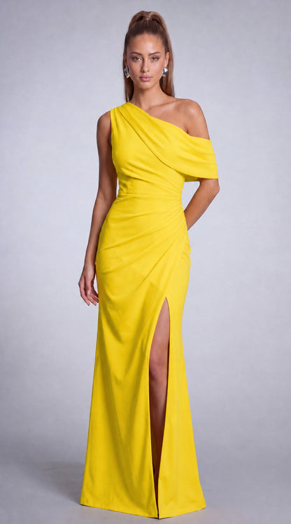 One-Shoulder Draped Ruched Slit Mermaid Maxi Dress – Prom & Evening Gown - Yellow - View 3