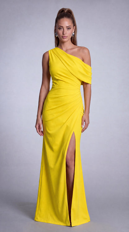 One-Shoulder Draped Ruched Slit Mermaid Maxi Dress – Prom & Evening Gown - Yellow - View 4