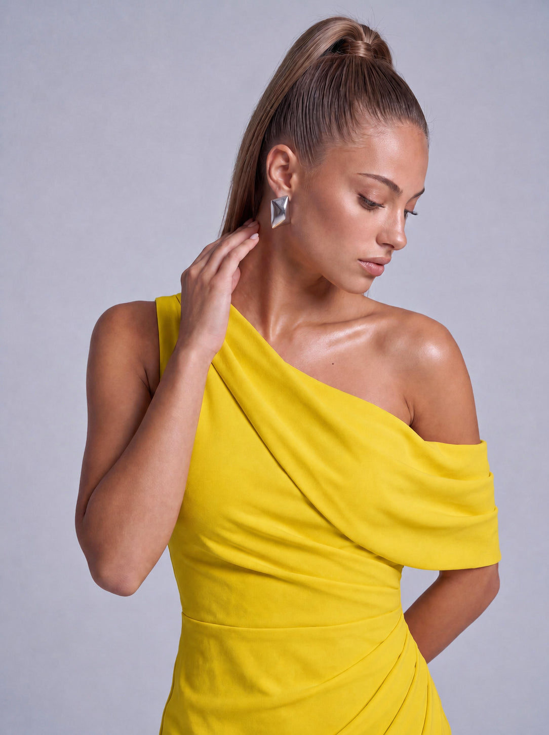 One-Shoulder Draped Ruched Slit Mermaid Maxi Dress – Prom & Evening Gown - Yellow - View 5