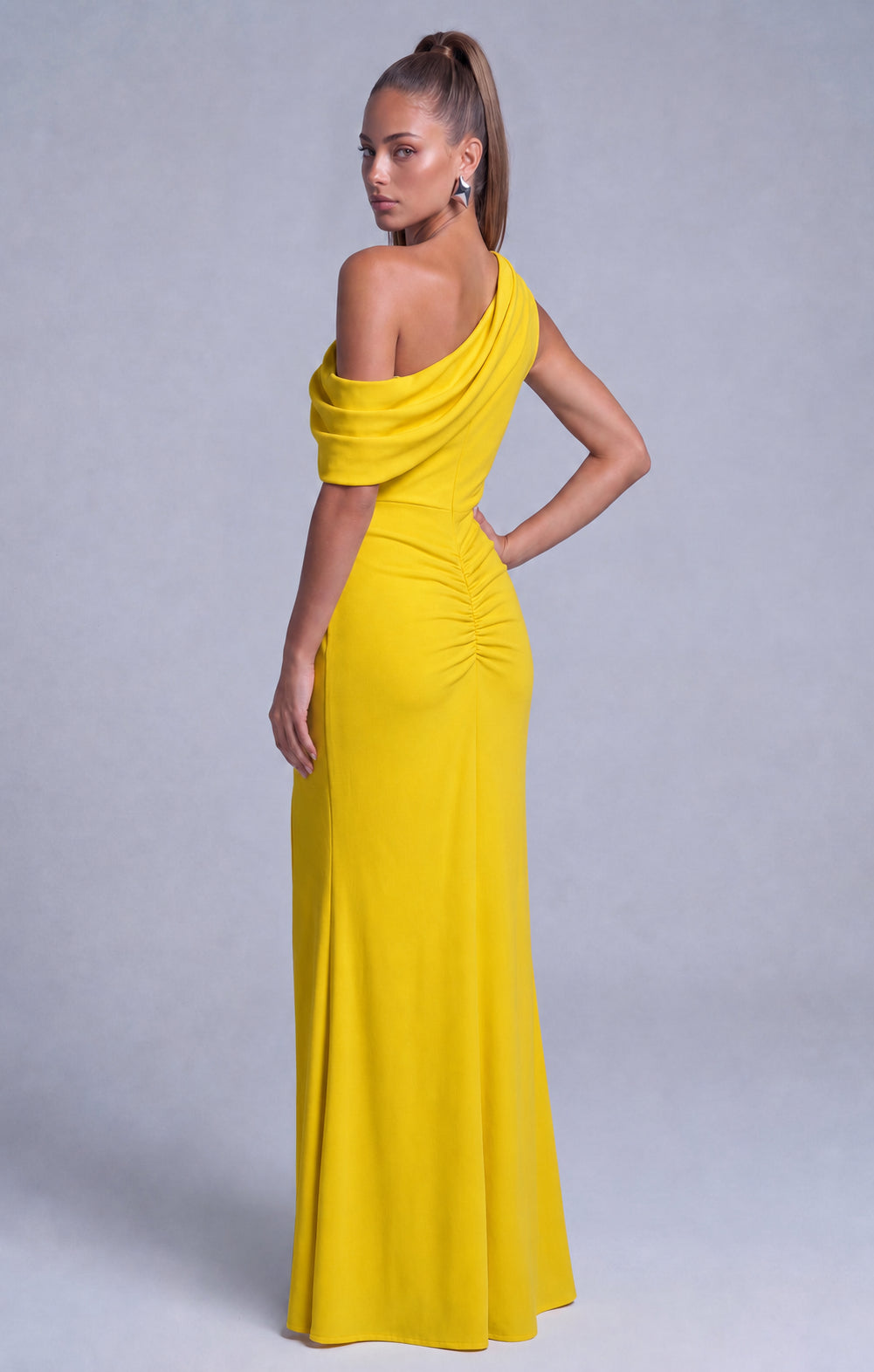 One-Shoulder Draped Ruched Slit Mermaid Maxi Dress – Prom & Evening Gown - Yellow - View 6