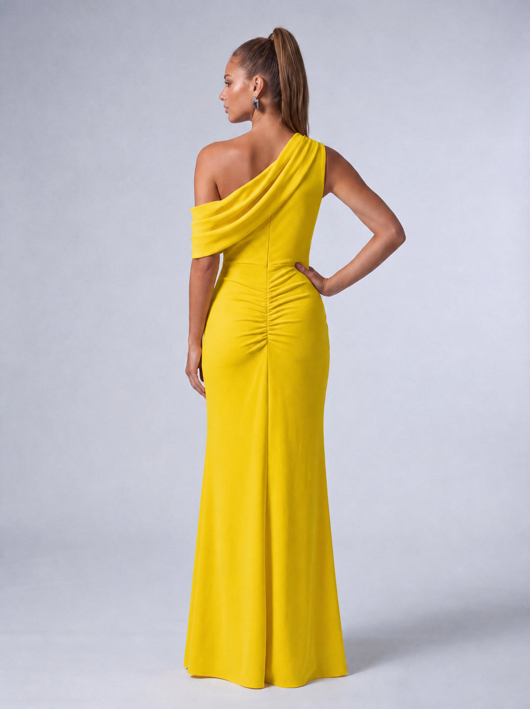 One-Shoulder Draped Ruched Slit Mermaid Maxi Dress – Prom & Evening Gown - Yellow - View 7
