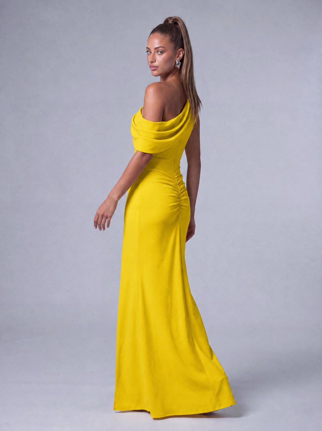 One-Shoulder Draped Ruched Slit Mermaid Maxi Dress – Prom & Evening Gown - Yellow - View 8