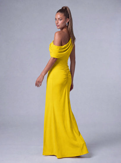 One-Shoulder Draped Ruched Slit Mermaid Maxi Dress – Prom & Evening Gown - Yellow - View 8