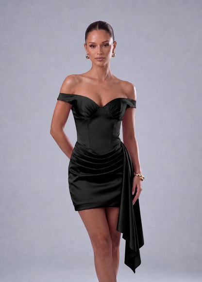 Off-Shoulder Satin Corset Ruched Side-Drape Mini Dress – Party & Cocktail Dress - Black - View 1