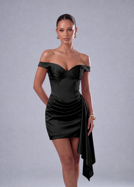 Off-Shoulder Satin Corset Ruched Side-Drape Mini Dress – Party & Cocktail Dress - Black - View 1