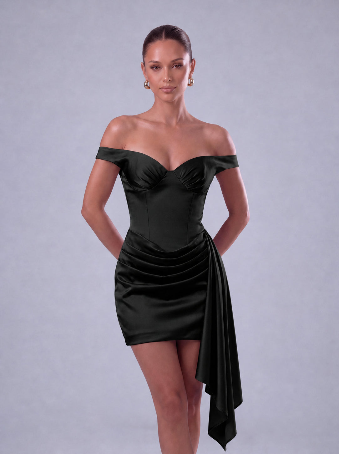 Off-Shoulder Satin Corset Ruched Side-Drape Mini Dress – Party & Cocktail Dress - Black - View 2