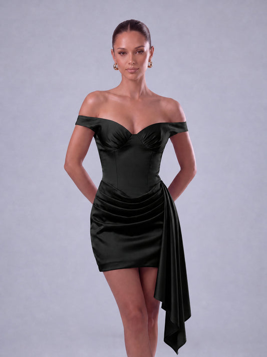 Off-Shoulder Satin Corset Ruched Side-Drape Mini Dress – Party & Cocktail Dress - Black - View 2