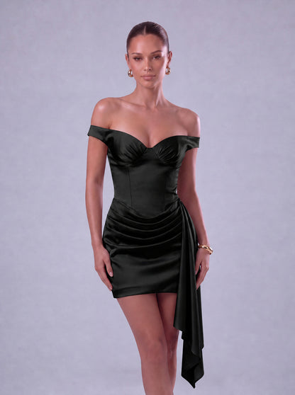 Off-Shoulder Satin Corset Ruched Side-Drape Mini Dress – Party & Cocktail Dress - Black - View 3