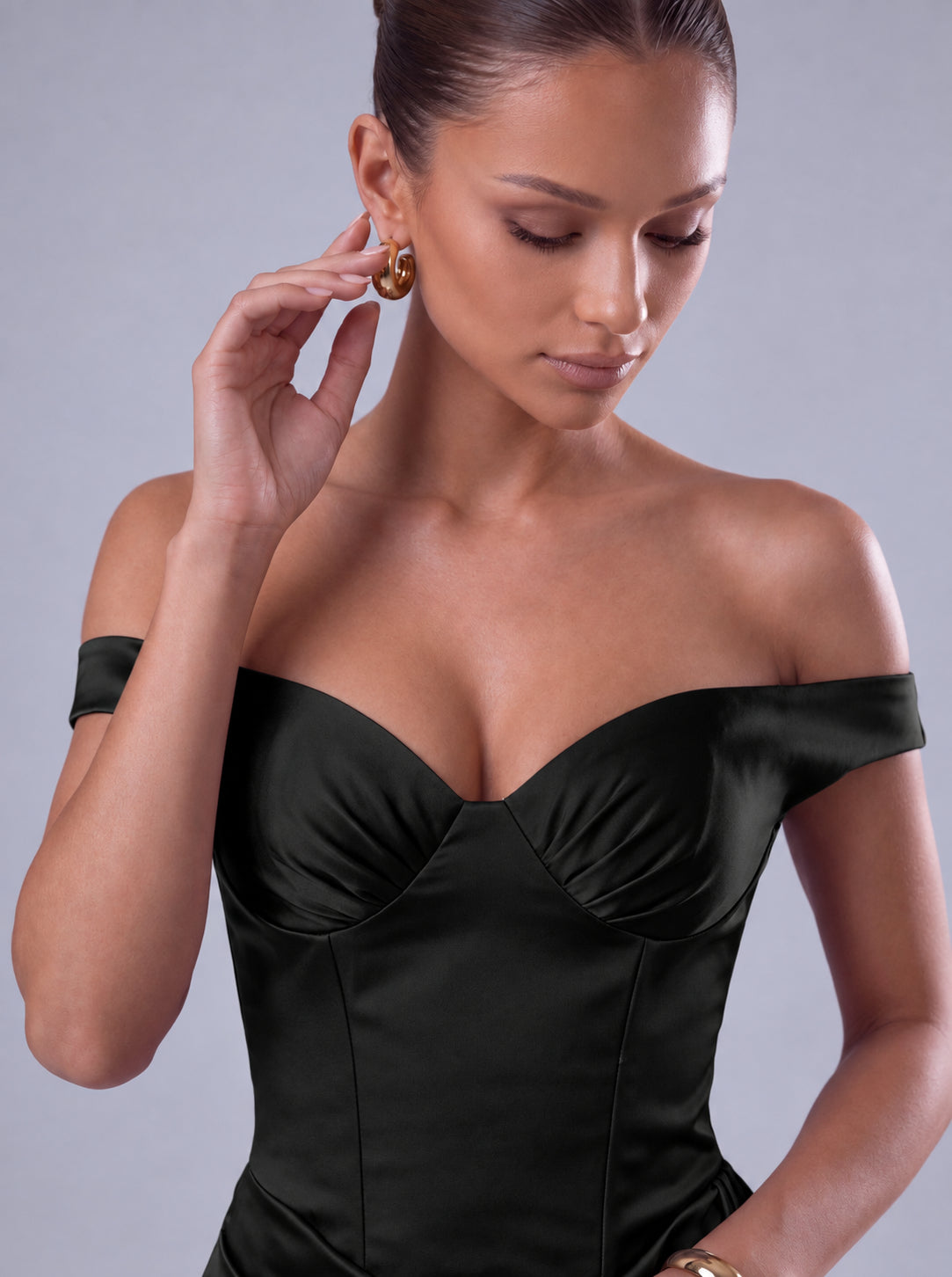 Off-Shoulder Satin Corset Ruched Side-Drape Mini Dress – Party & Cocktail Dress - Black - View 5