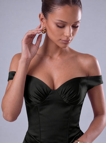 Off-Shoulder Satin Corset Ruched Side-Drape Mini Dress – Party & Cocktail Dress - Black - View 5
