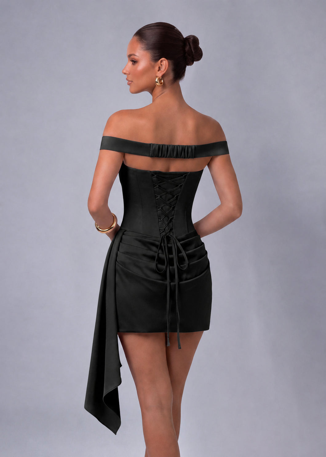 Off-Shoulder Satin Corset Ruched Side-Drape Mini Dress – Party & Cocktail Dress - Black - View 7