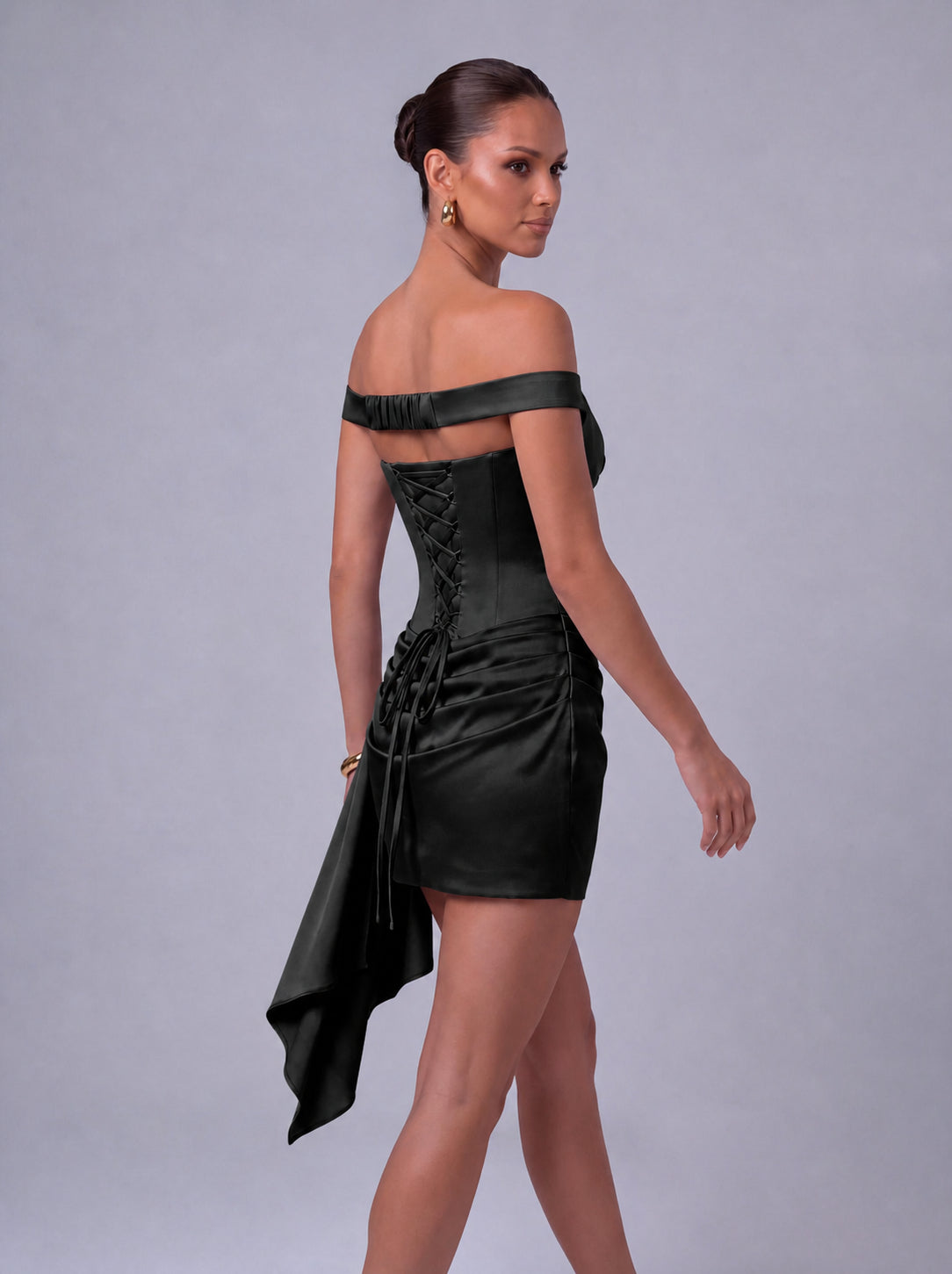 Off-Shoulder Satin Corset Ruched Side-Drape Mini Dress – Party & Cocktail Dress - Black - View 8