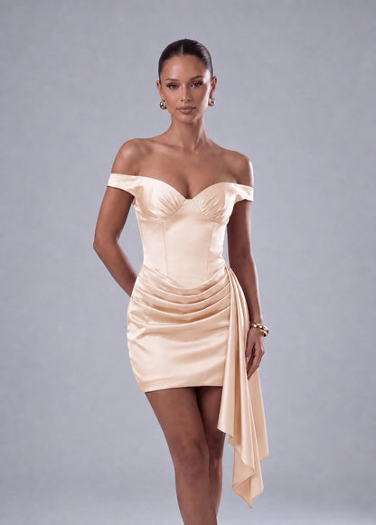 Off-Shoulder Satin Corset Ruched Side-Drape Mini Dress – Party & Cocktail Dress - Blush Pink - View 1