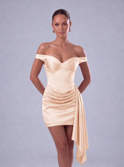 Off-Shoulder Satin Corset Ruched Side-Drape Mini Dress – Party & Cocktail Dress - Blush Pink - View 2