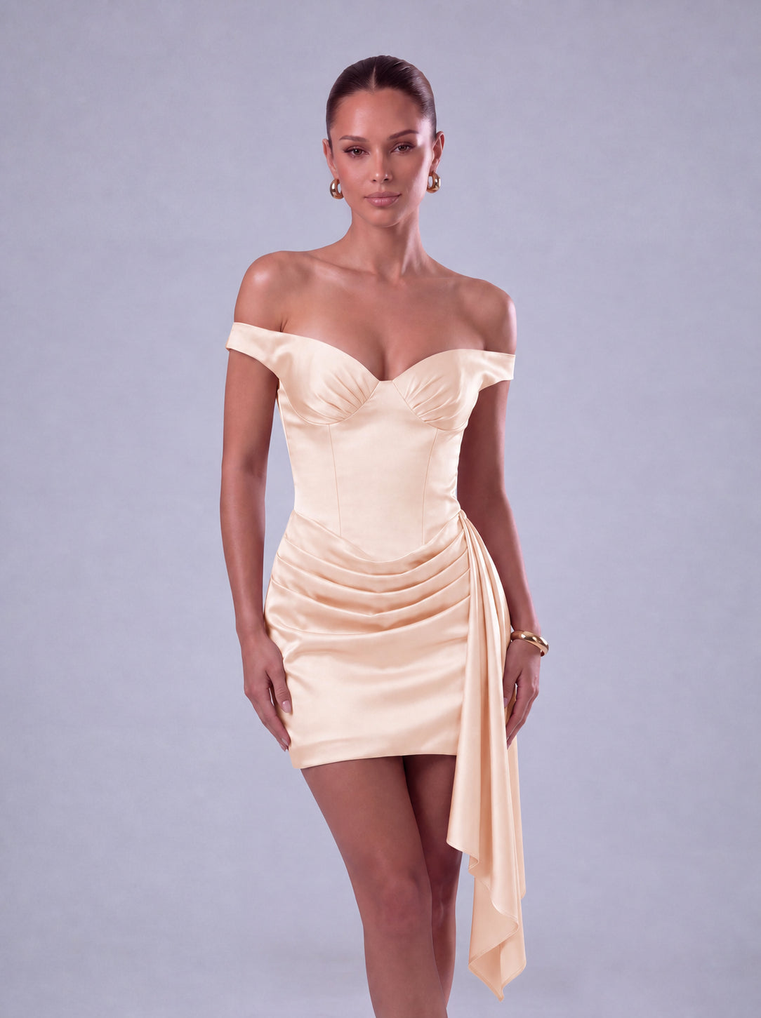 Off-Shoulder Satin Corset Ruched Side-Drape Mini Dress – Party & Cocktail Dress - Blush Pink - View 3