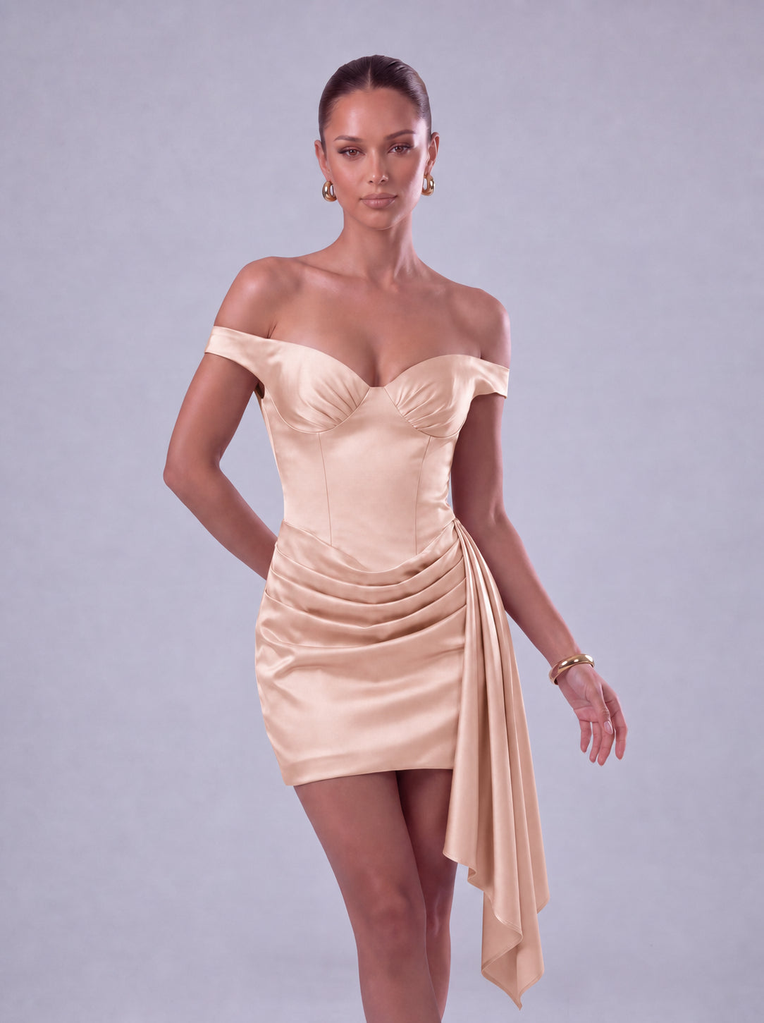 Off-Shoulder Satin Corset Ruched Side-Drape Mini Dress – Party & Cocktail Dress - Blush Pink - View 4