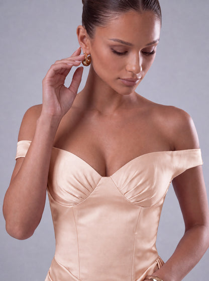 Off-Shoulder Satin Corset Ruched Side-Drape Mini Dress – Party & Cocktail Dress - Blush Pink - View 5