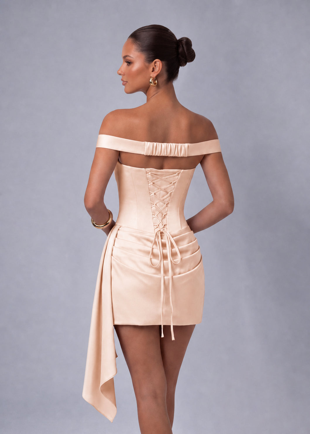 Off-Shoulder Satin Corset Ruched Side-Drape Mini Dress – Party & Cocktail Dress - Blush Pink - View 7