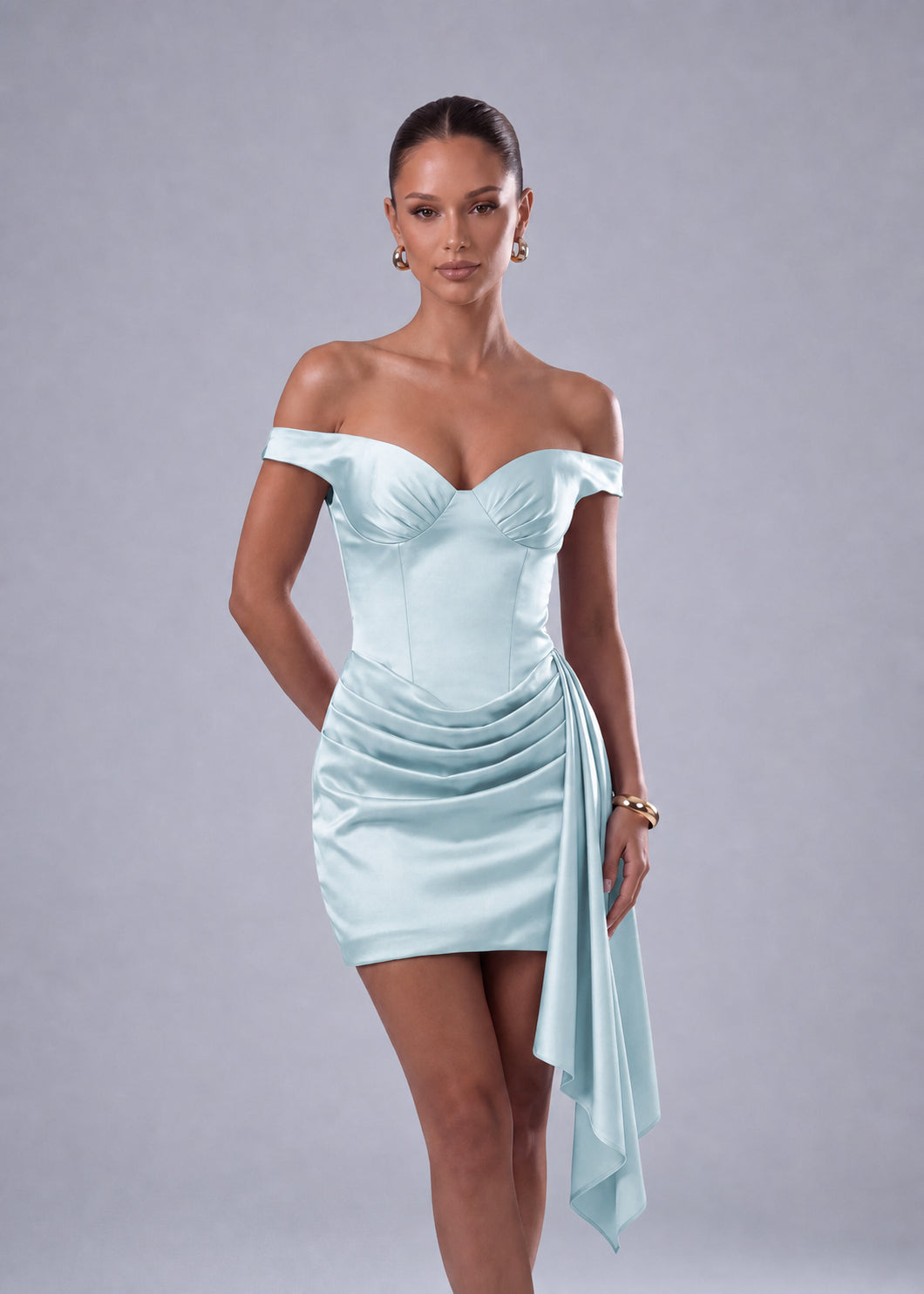 Off-Shoulder Satin Corset Ruched Side-Drape Mini Dress – Party & Cocktail Dress - Light Blue - View 1
