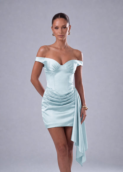 Off-Shoulder Satin Corset Ruched Side-Drape Mini Dress – Party & Cocktail Dress - Light Blue - View 1