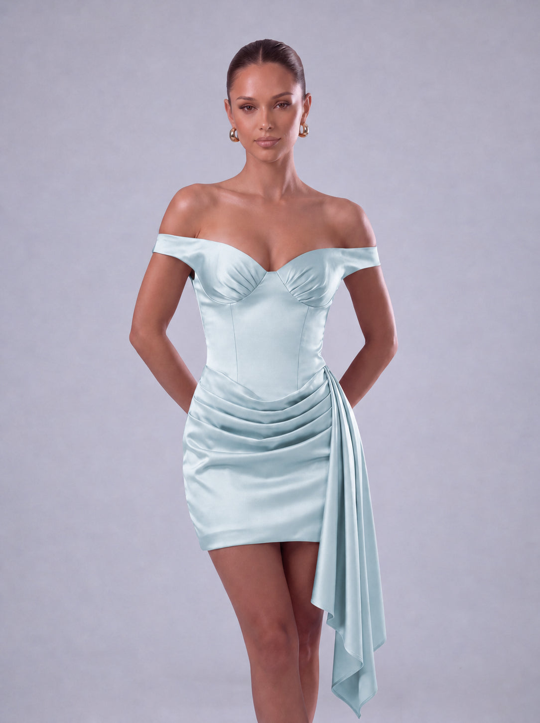 Off-Shoulder Satin Corset Ruched Side-Drape Mini Dress – Party & Cocktail Dress - Light Blue - View 2