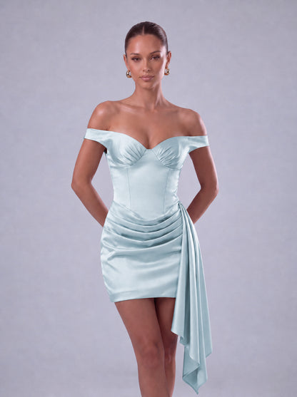 Off-Shoulder Satin Corset Ruched Side-Drape Mini Dress – Party & Cocktail Dress - Light Blue - View 2