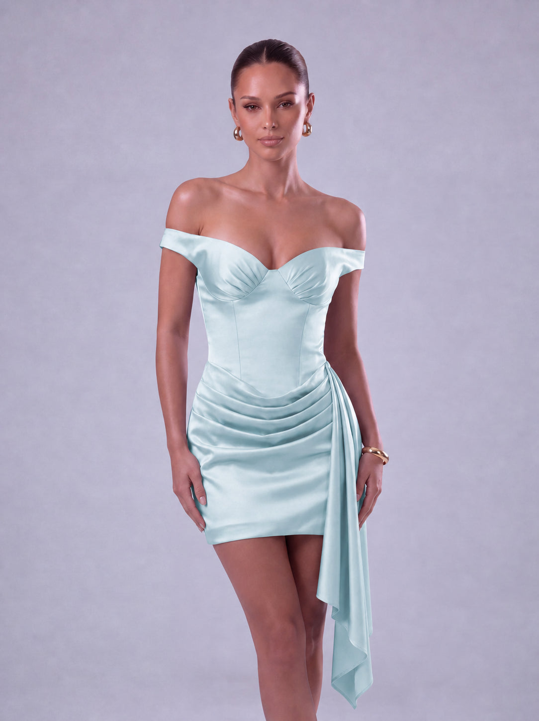 Off-Shoulder Satin Corset Ruched Side-Drape Mini Dress – Party & Cocktail Dress - Light Blue - View 3