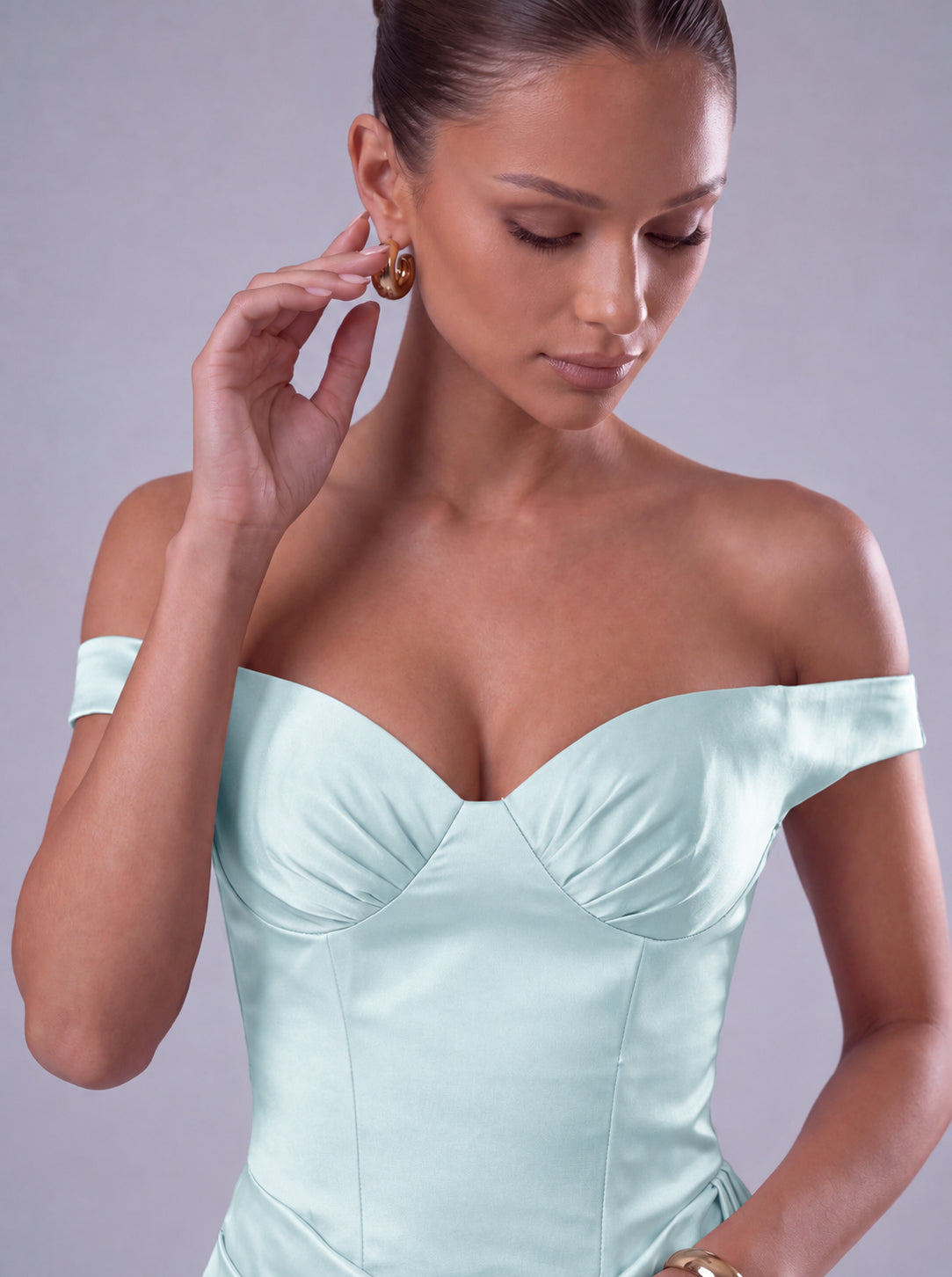 Off-Shoulder Satin Corset Ruched Side-Drape Mini Dress – Party & Cocktail Dress - Light Blue - View 5