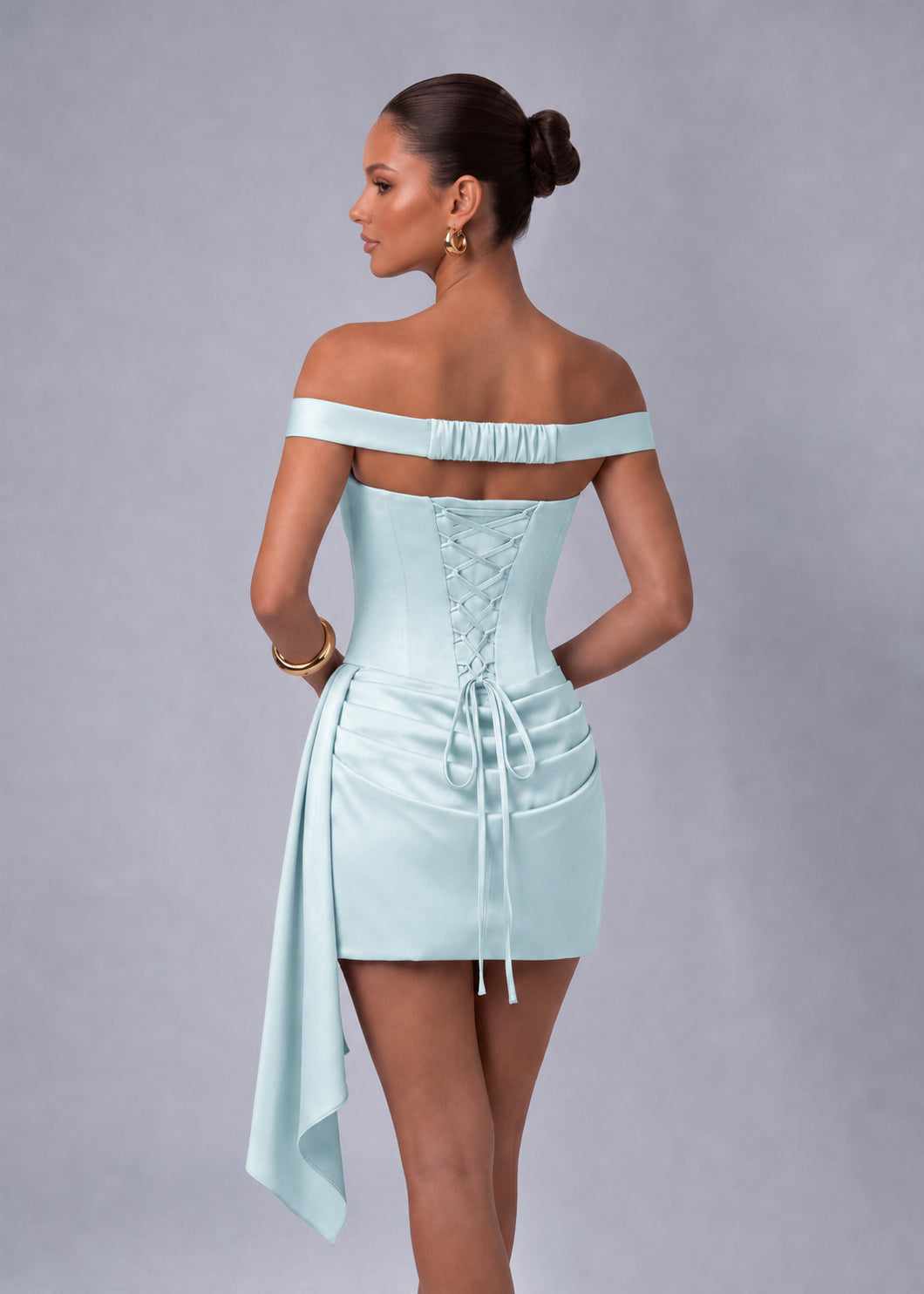 Off-Shoulder Satin Corset Ruched Side-Drape Mini Dress – Party & Cocktail Dress - Light Blue - View 7