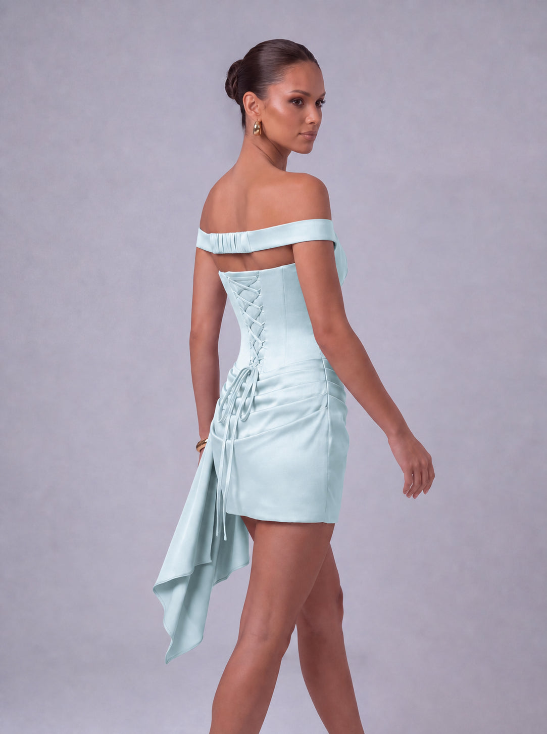 Off-Shoulder Satin Corset Ruched Side-Drape Mini Dress – Party & Cocktail Dress - Light Blue - View 8