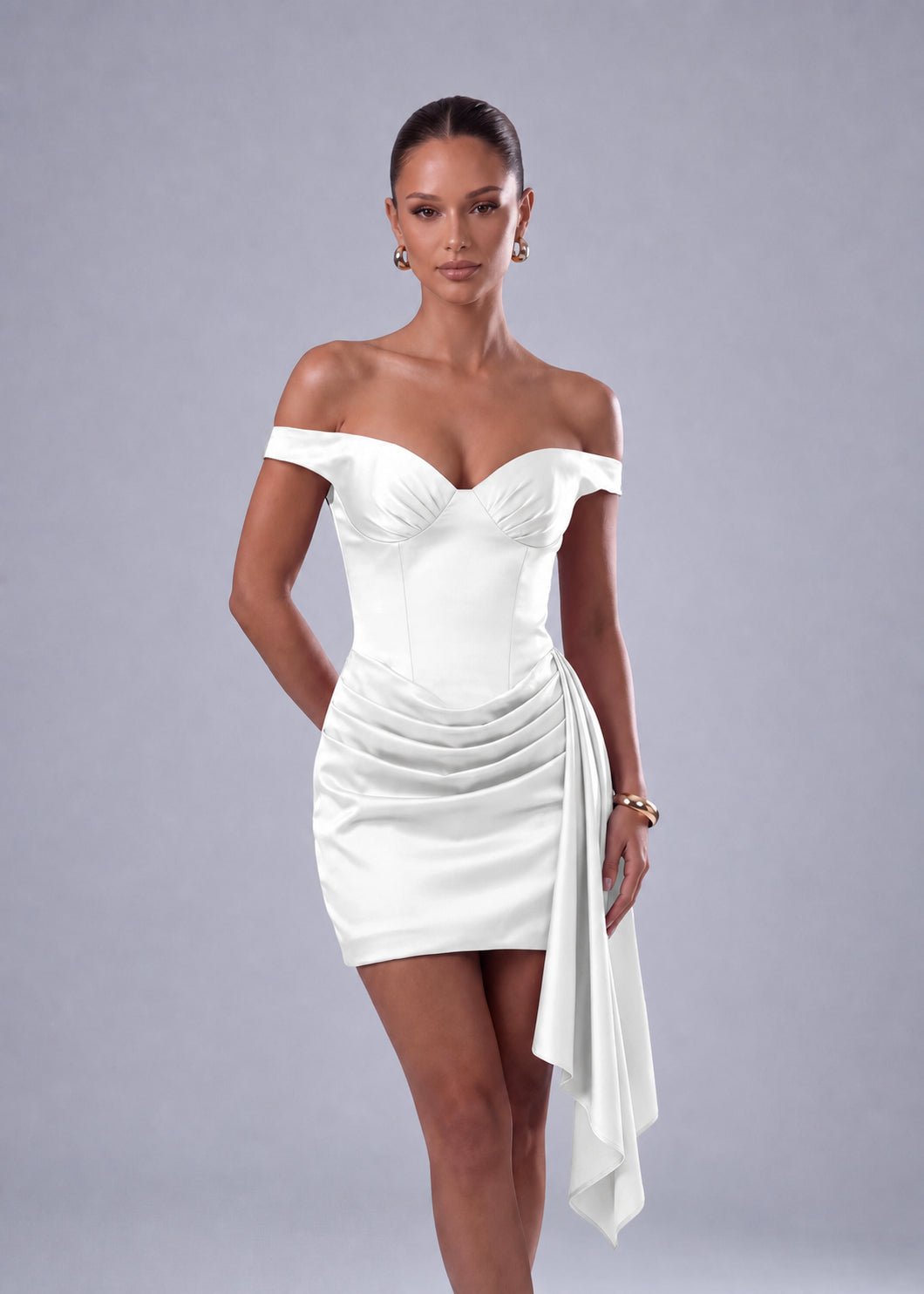 Off-Shoulder Satin Corset Ruched Side-Drape Mini Dress – Party & Cocktail Dress - White - View 1