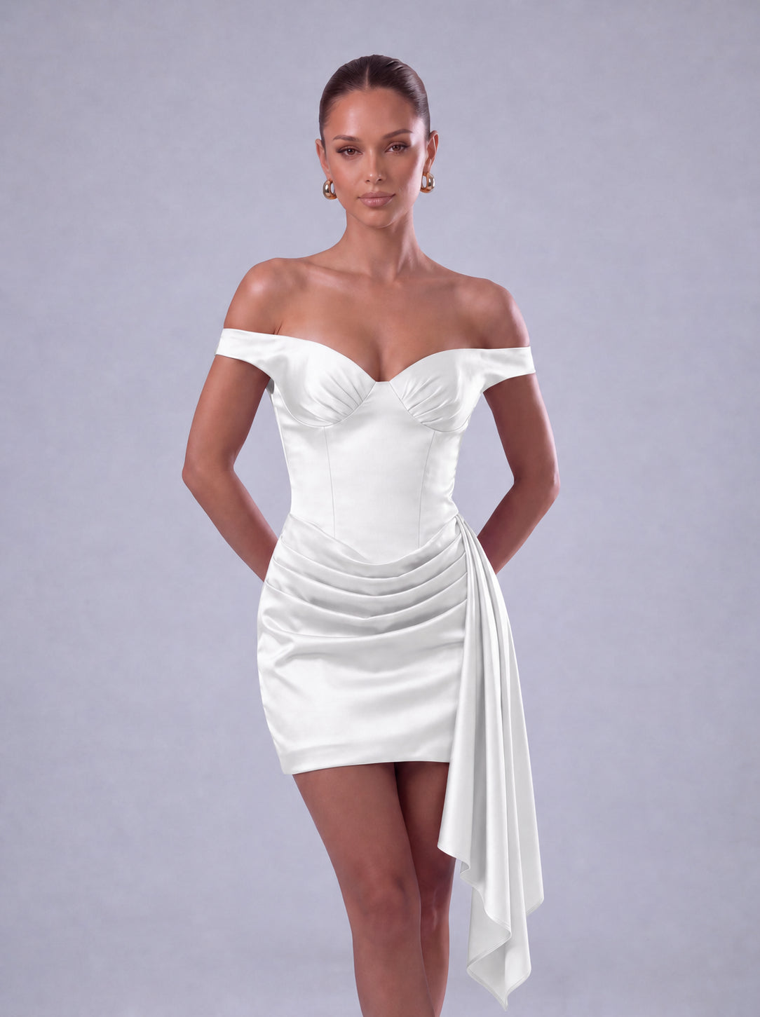 Off-Shoulder Satin Corset Ruched Side-Drape Mini Dress – Party & Cocktail Dress - White - View 2